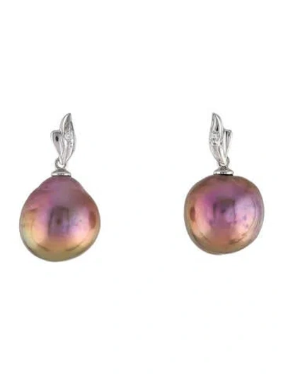 Pre-owned Earrings 18k Dyed Pearl & Diamond Drop  In Multi