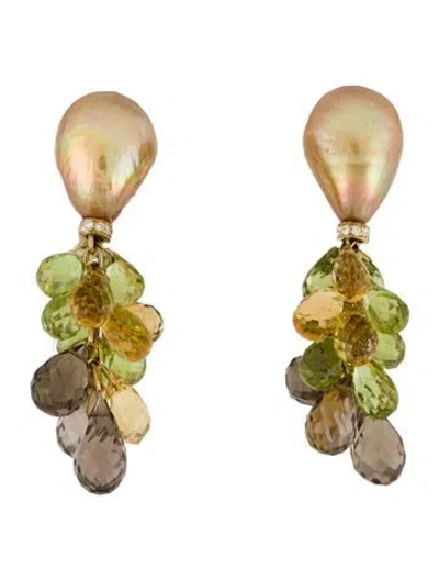Pre-owned Earrings 18k Dyed Pearl, Multistone & Diamond Earclips