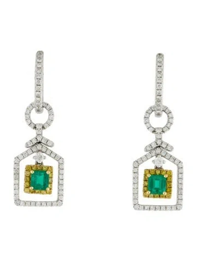 Pre-owned Earrings 18k Emerald & Diamond Drop  In Multi
