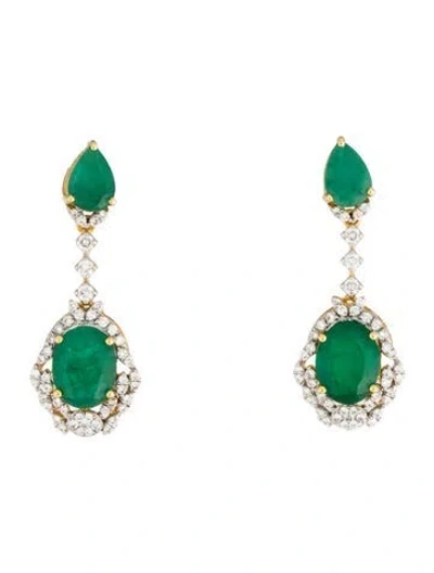 Pre-owned Earrings 18k Emerald & Diamond Drop  In Multi
