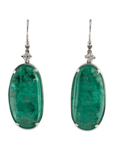 Pre-owned Earrings 18k Emerald & Diamond Drop  In Multi