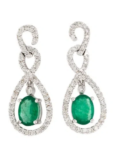 Pre-owned Earrings 18k Emerald & Diamond Drop  In Multi