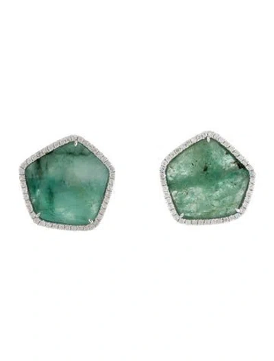 Pre-owned Earrings 18k Emerald & Diamond Earclips In Multi