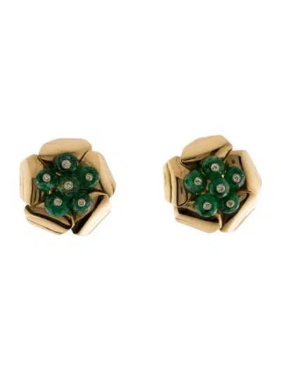 Pre-owned Earrings 18k Emerald & Diamond Flower Clip-on  In Multi