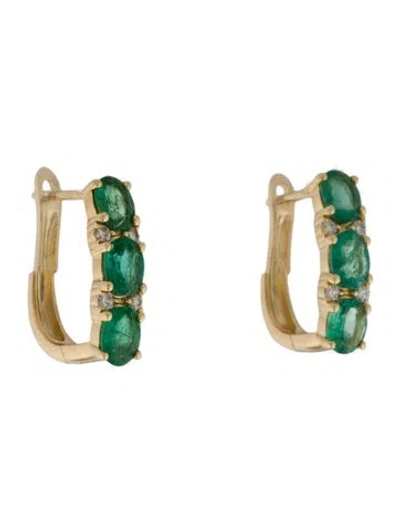 Pre-owned Earrings 18k Emerald & Diamond Hoop  In Multi