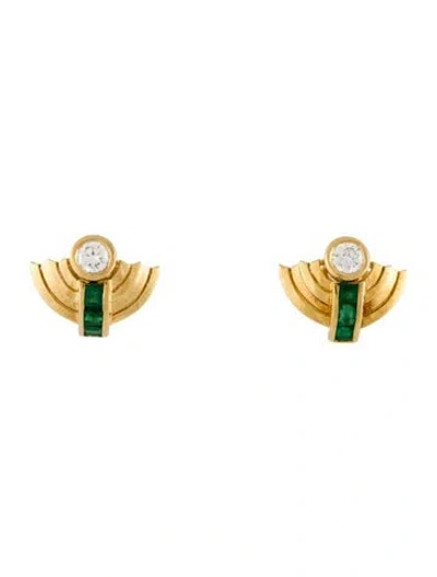 Pre-owned Earrings 18k Emerald & Diamond Stud  In Multi
