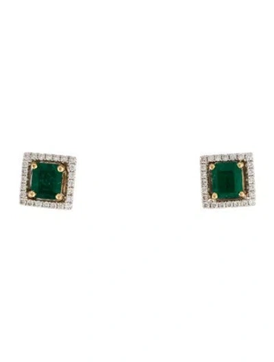 Pre-owned Earrings 18k Emerald & Diamond Stud  In Multi