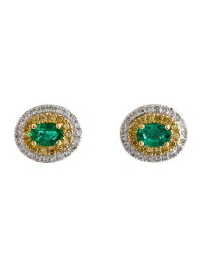 Pre-owned Earrings 18k Emerald & Diamond Stud  In Multi