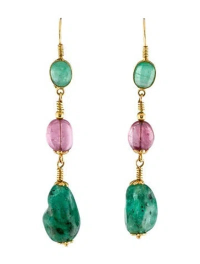 Pre-owned Earrings 18k Emerald & Pink Tourmaline Drop  In Multi