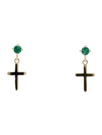 Pre-owned Earrings 18k Emerald Cross Drop  In Multi