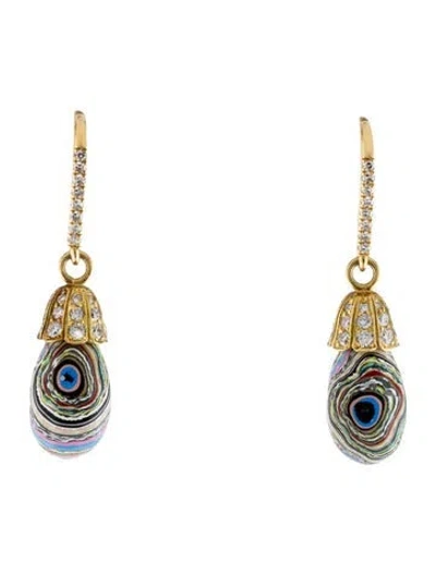 Pre-owned Earrings 18k Fordite & Diamond Drop  In Multi
