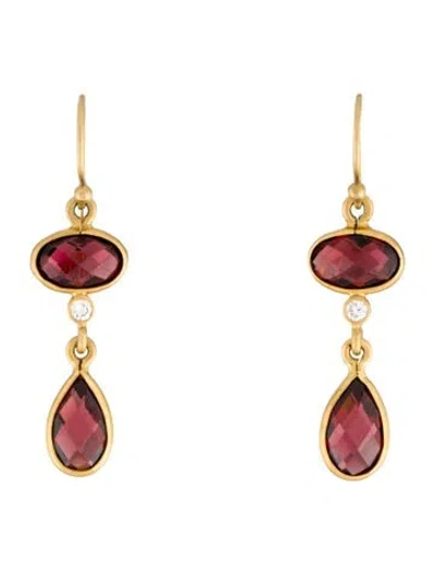 Pre-owned Earrings 18k Garnet & Diamond Drop  In Multi