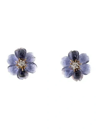Pre-owned Earrings 18k Iolite & Diamond Flower Clip-on  In Multi