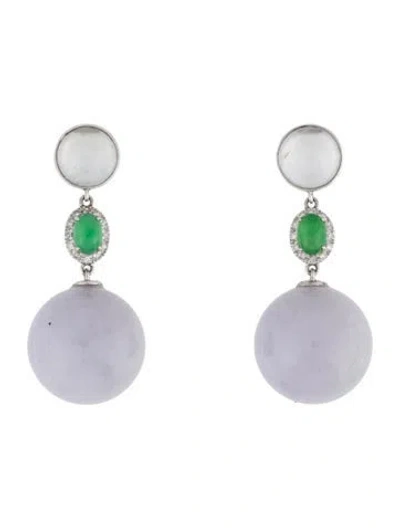 Pre-owned Earrings 18k Jadeite & Diamond Drop  In Multi