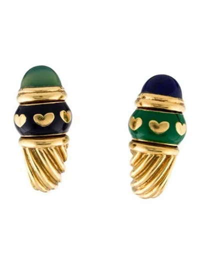 Pre-owned Earrings 18k Lapis Lazuli & Chrysoprase Clip-on  In Green
