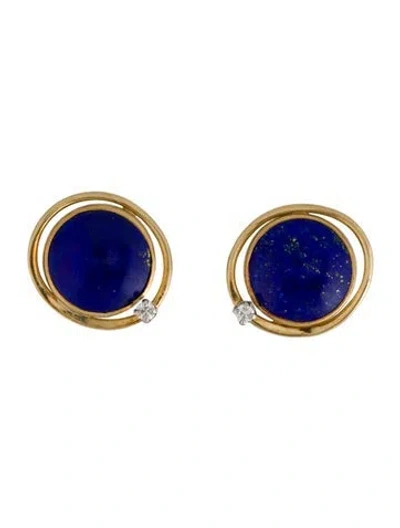 Pre-owned Earrings 18k Lapis Lazuli & Diamond Stud  In Multi
