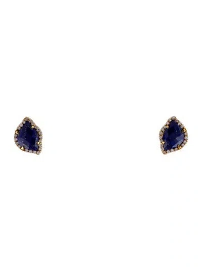 Pre-owned Earrings 18k Lapis Lazuli & Diamond Stud  In Multi