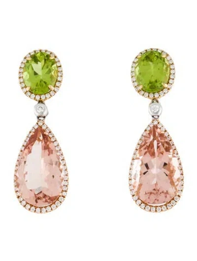Pre-owned Earrings 18k Morganite, Peridot, & Diamond Drop Earclips In Multi