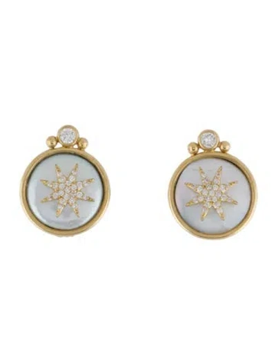 Pre-owned Earrings 18k Mother Of Pearl & Diamond Clip-on  In Multi