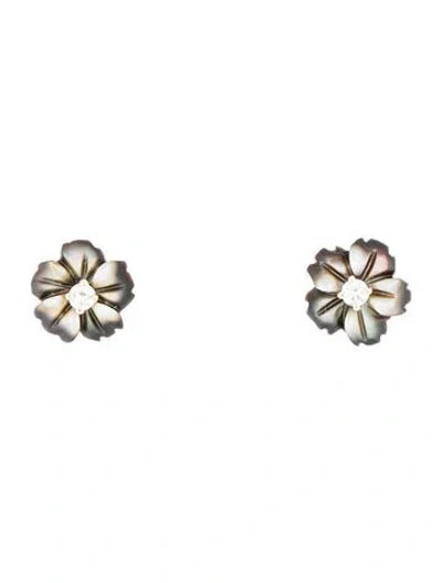 Pre-owned Earrings 18k Mother Of Pearl & Diamond Flower Stud  In Multi