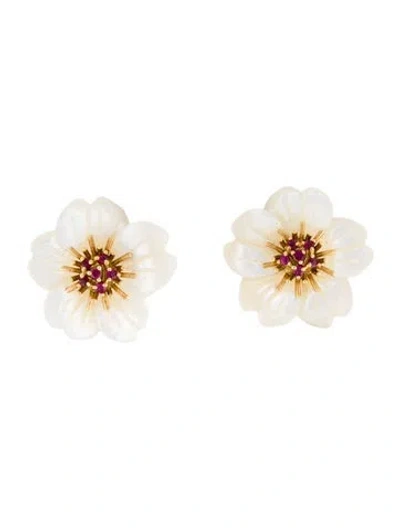 Pre-owned Earrings 18k Mother Of Pearl & Ruby Flower Earclip  In White