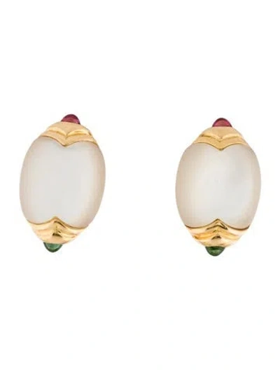 Pre-owned Earrings 18k Mother Of Pearl & Tourmaline Clip-on  In Multi