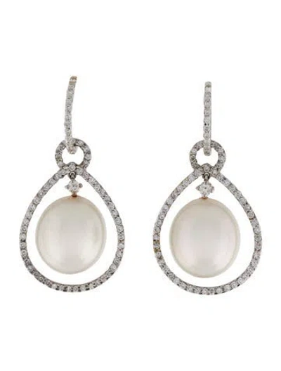Pre-owned Earrings 18k Pearl & 1.04ctw Diamond Drop  In Multi