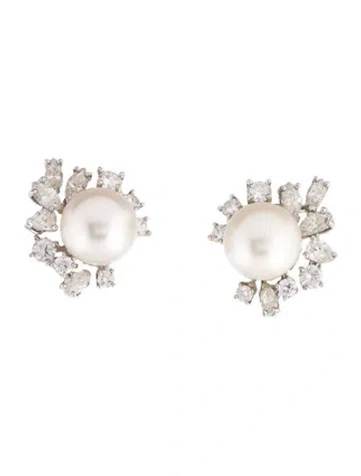Pre-owned Earrings 18k Pearl & 1.66ctw Diamond Earclips In Multi