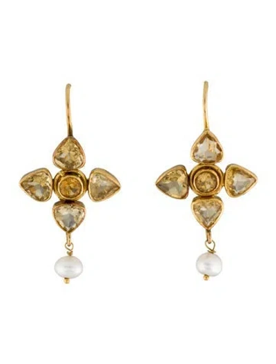 Pre-owned Earrings 18k Pearl & 4.38ctw Citrine Drop  In Multi