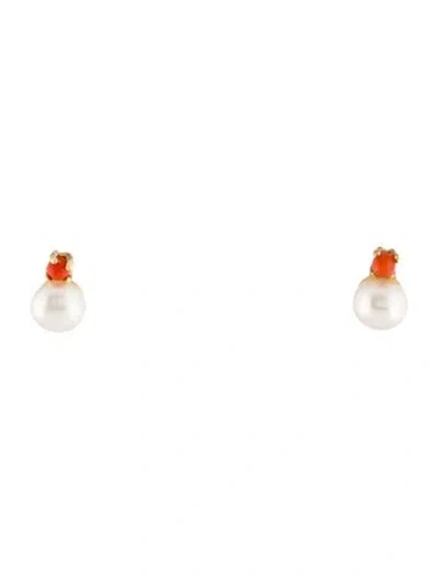 Pre-owned Earrings 18k Pearl & Coral Stud  In Multi