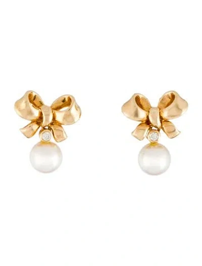 Pre-owned Earrings 18k Pearl & Diamond Bow Drop  In Multi