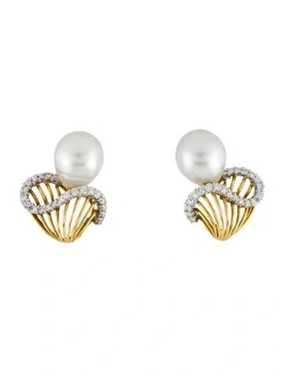 Pre-owned Earrings 18k Pearl & Diamond Clip-on  In Multi