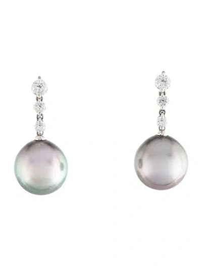 Pre-owned Earrings 18k Pearl & Diamond Drop  In Multi