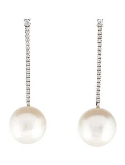 Pre-owned Earrings 18k Pearl & Diamond Drop  In Multi