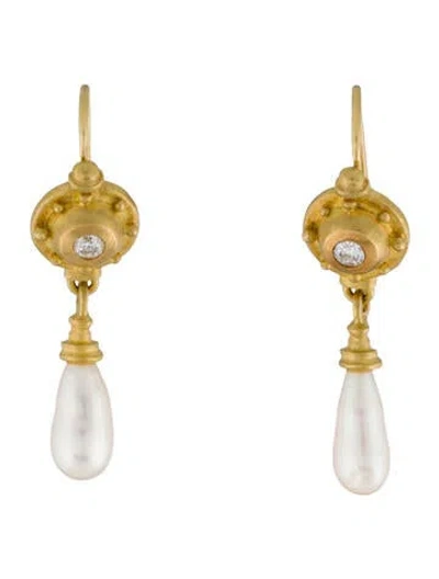 Pre-owned Earrings 18k Pearl & Diamond Drop  In Multi