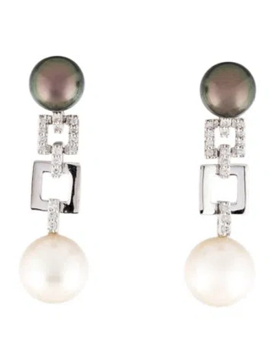 Pre-owned Earrings 18k Pearl & Diamond Drop  In Multi