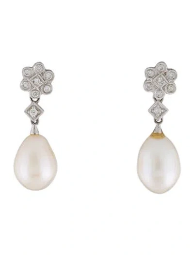 Pre-owned Earrings 18k Pearl & Diamond Drop  In Multi