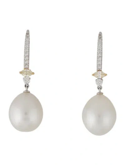 Pre-owned Earrings 18k Pearl & Diamond Drop  In Multi