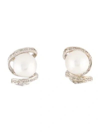 Pre-owned Earrings 18k Pearl & Diamond Drop Swirl  In Multi