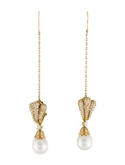 Pre-owned Earrings 18k Pearl & Diamond Earclip  With Safety Chain In Multi