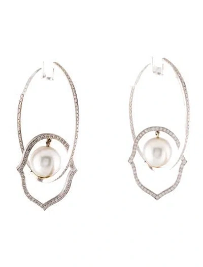 Pre-owned Earrings 18k Pearl & Diamond Hoop  In Multi