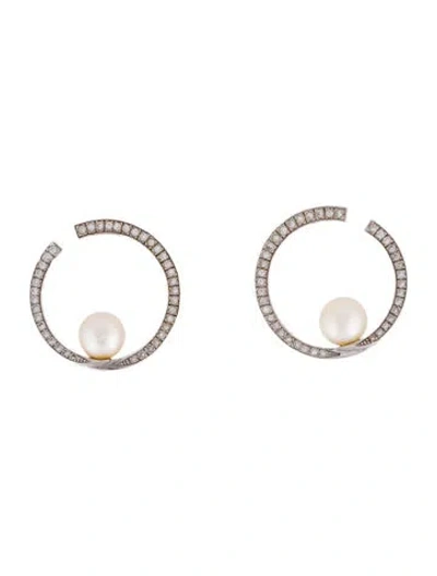 Pre-owned Earrings 18k Pearl & Diamond Hoop  In Multi