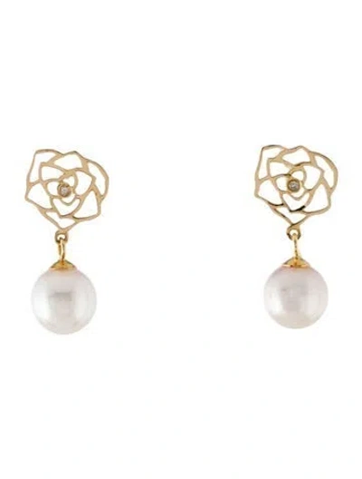 Pre-owned Earrings 18k Pearl & Diamond Rose Drop  In Multi