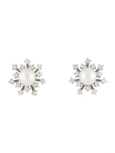 Pre-owned Earrings 18k Pearl & Diamond Star Cluster Stud  In Multi