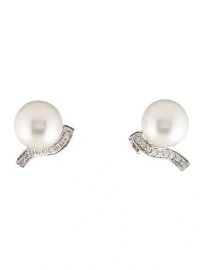 Pre-owned Earrings 18k Pearl & Diamond Stud  In Multi