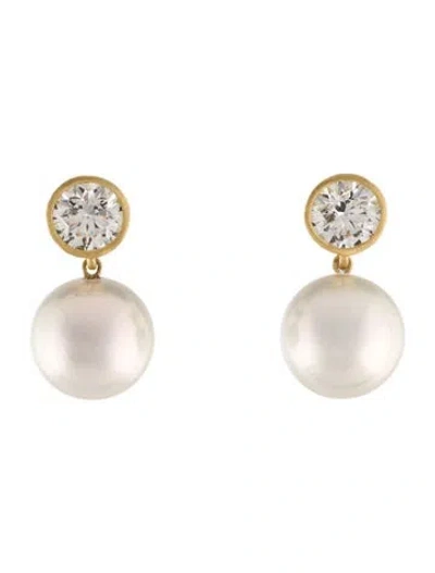 Pre-owned Earrings 18k Pearl & Lab- Grown Diamond Drop  In Multi