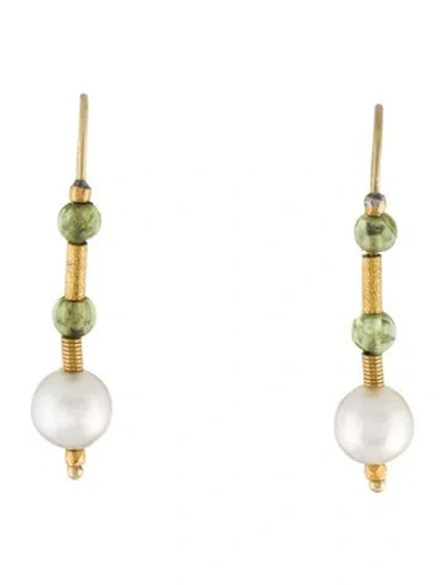 Pre-owned Earrings 18k Pearl & Peridot Drop  In Multi