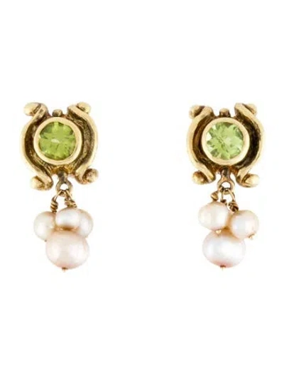 Pre-owned Earrings 18k Pearl & Peridot Earclips In Multi