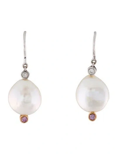 Pre-owned Earrings 18k Pearl & Pink Sapphire Drop  In Multi