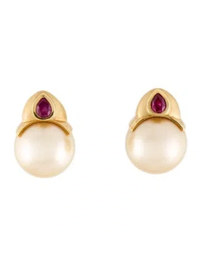 Pre-owned Earrings 18k Pearl & Ruby Stud  In Multi